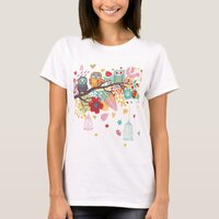 Cute Owls and colourful floral image background T-Shirt