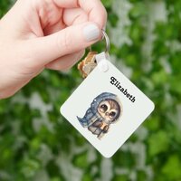 Cute Big-Eyed Owl Holding a Coffee Keychain