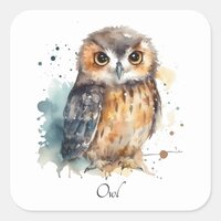 Cute owl in watercolor customizable square sticker