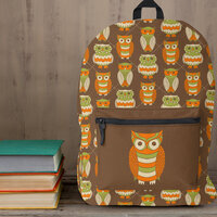 Retro 1970s Orange, Green Owls on Brown Patterned Printed Backpack