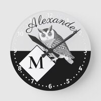 Black and White Owl Gray Monogram name  Round Clock