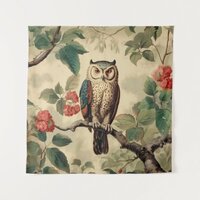 Vintage Botanical Owl in Forest Tapestry