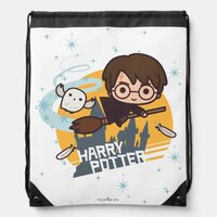 Cartoon Harry and Hedwig Flying Past Hogwarts Drawstring Bag