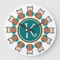 Wise Brown Blue Owl Bird Bedroom Initial Large Clock