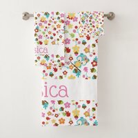Cute Forest Owl Floral Baby Girl Personalized Name Bath Towel Set