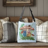 Whimsical Owl Family Rainy Forest Mushroom Blue Crossbody Bag