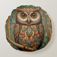 Elegant retro owl boho bohemian forest greenery  round pillow