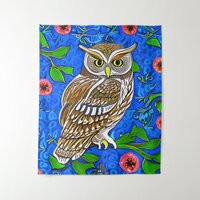 Art Nouveau Inspired Owl, Brown on Cobalt Blue    Tapestry
