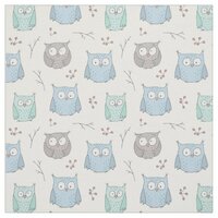 Whimsical Blue Green Owls and Flowers Pattern Fabric