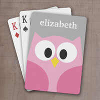 Cute Cartoon Owl - Pink and Gray Custom Name Playing Cards