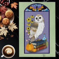 Art Nouveau Park Owl Pumpkins Vintage Books Autumn Jigsaw Puzzle