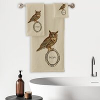 Vintage Horned Owl Monogram Beige Bath Towel Set