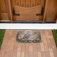 Snowy Owl in Moonlit Winter Garden Fiber Doormat