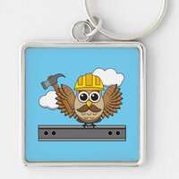 Cute Construction Worker Owl with Hard Hat Cartoon Keychain