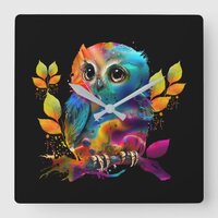 OWL COLORFUL ABSTRACT   SQUARE WALL CLOCK