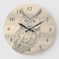 Owl Sepia Beige Wood Rustic Numbers Large Clock