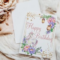 Happy Birthday Unicorn Owl Watercolor Floral Card