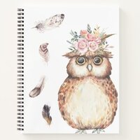 Watercolor Floral Owl & Feathers Notebook