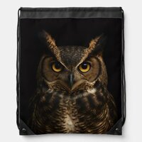 Black 4 Luxe Drawstring backpack, Golden Eye Owl Drawstring Bag