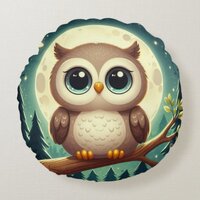Cute baby owl at night with moon round pillow