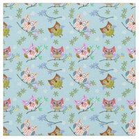 Adorable Owls on Blue Background Fabric