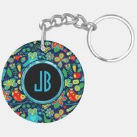 Colorful Retro Floral Owls Pattern Keychain