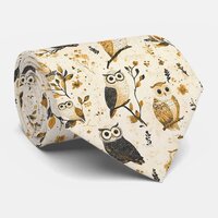 Elegant Beige Owl Wildlife Botanical Pattern Neck Tie