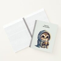 Cute Big-Eyed Owl Holding a Coffee Notebook