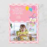 Cute Owl Pink Gingham Child's Birthday Thank You Postcard