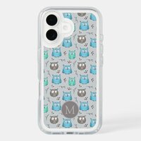 Cute Blue Grey Owl Pattern Monogram iPhone 16 Case