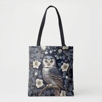 Cute Northern Saw-Whet Owl And Moonflowers On Navy Tote Bag