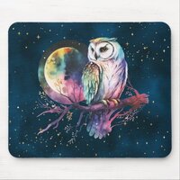 Mystical Rainbow Owl and Full Moon Celestial Mouse Pad
