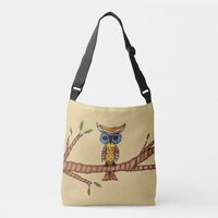Whimsical Fantasy Colorful Owl on Tree Branch Tan Crossbody Bag