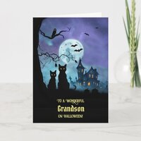 Grandson Halloween with Cute Owl Cats Bats Card