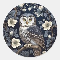 Cute Northern Saw-Whet Owl And Moonflowers On Navy Classic Round Sticker