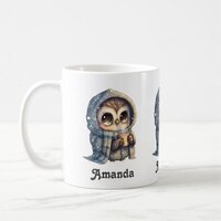 Cute Big-Eyed Owl Holding a Coffee -  Mug