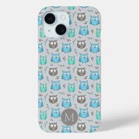 Cute Blue Grey Owl Pattern Monogram iPhone 15 Case