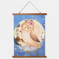 Watercolor Owl, Flowers, Moon, Stars  Hanging Tapestry