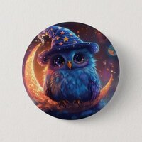 Cute Owl Wizard on the Moon: Magical Fantasy Art Button