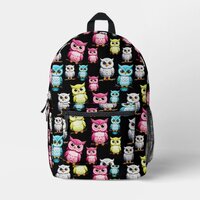 Colorful Owl Birds Black Background Pattern Printed Backpack