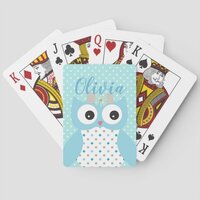 Cute Dotty Blue Owl Art Personalised Girls Poker Cards
