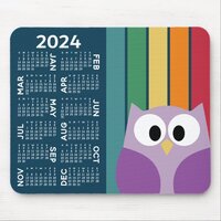 2024 Calendar - retro stripe pattern colorful owl Mouse Pad