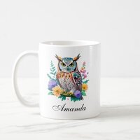 Watercolor Owl and Colorful Flowers Coffee Mug