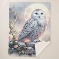 Snowy Owl in Moonlit Winter Garden Sherpa Blanket