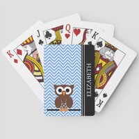 Blue Chevron Owl Monogram Name Custom Poker Cards