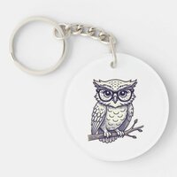 Owl with Tiny Reading Glasses on a Branch Keychain