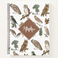 Vintage Owl Watercolor Forest Pattern Monogram  Notebook