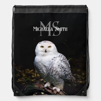 Majestic winter snowy owl monogram custom name drawstring bag