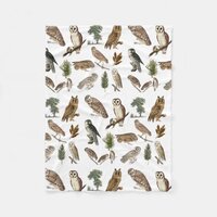 Vintage Owl Watercolor Forest Pattern Fleece Blanket
