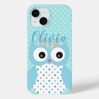 Cute Dotty Blue Owl Art Personalised iPhone 15 Case